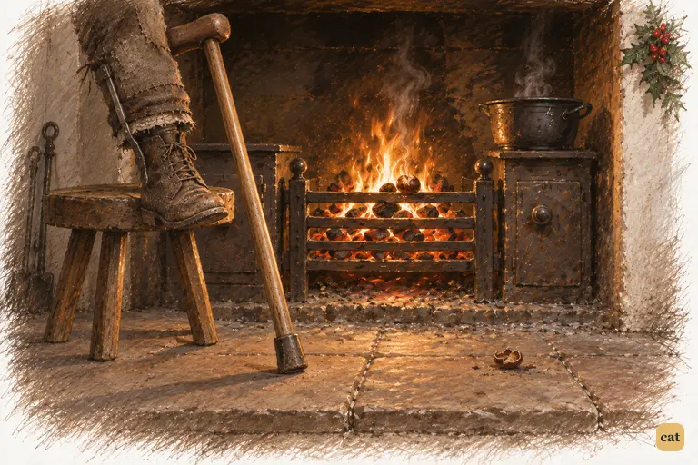 Tiny Tim's small crutch leans against his low stool by the firelit hearth