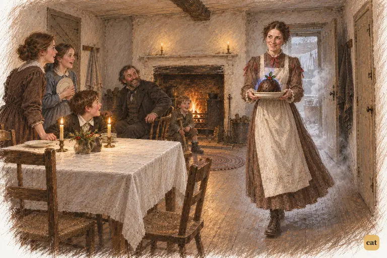 Mrs. Cratchit proudly brings in the pudding, blazing with brandy and topped with holly