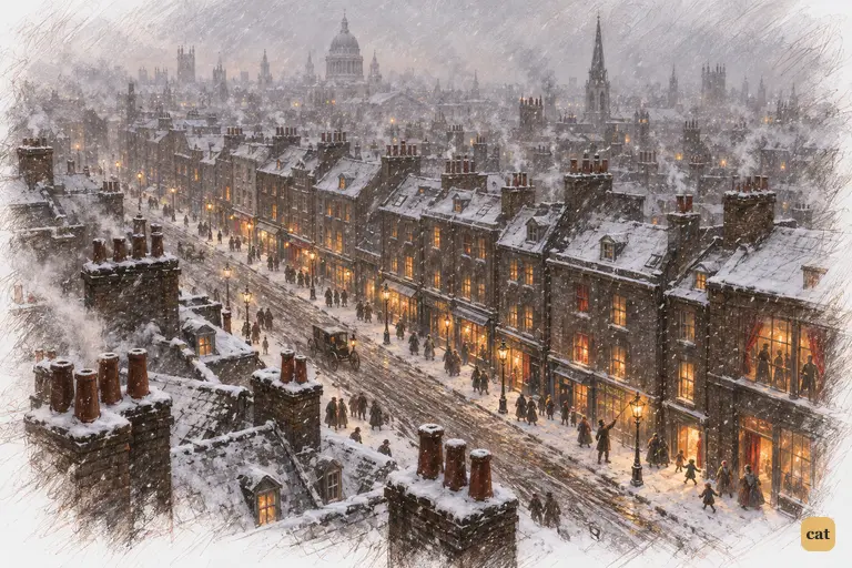 London at dusk on Christmas Eve, seen from high above the snowy rooftops as heavy snow falls.