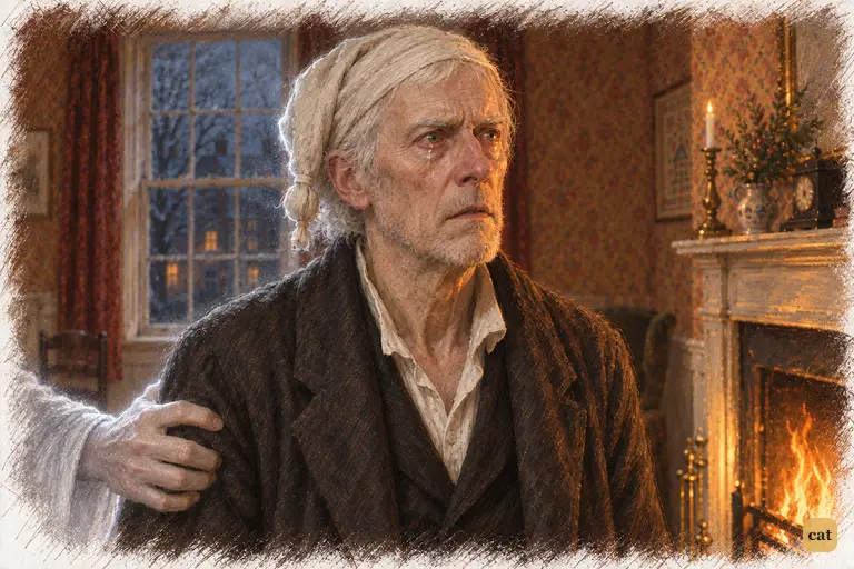 At Belle's fireside, Scrooge thinks a daughter like hers might have called him father