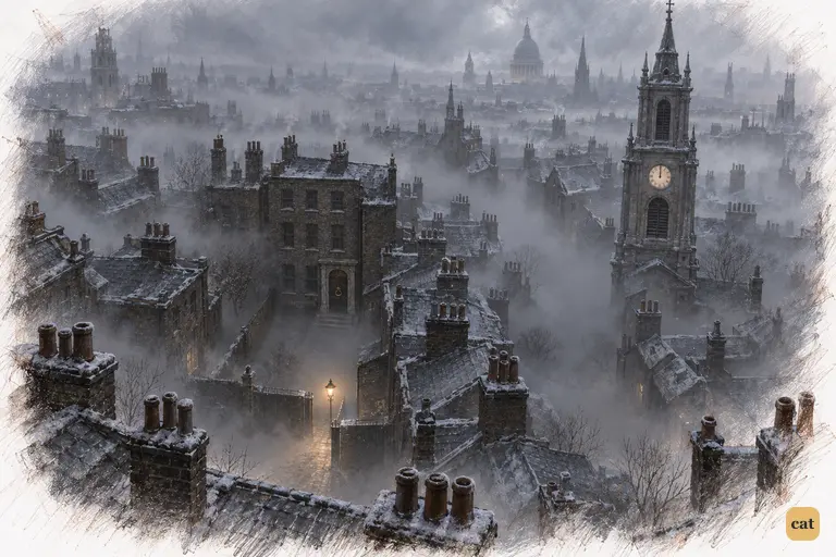 Scrooge's dark old building sits beside the church tower whose bell just struck twelve