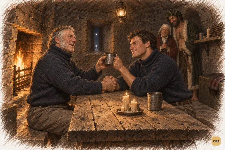 On a lonely reef, two lighthouse keepers clasp hands and wish each other Merry Christmas
