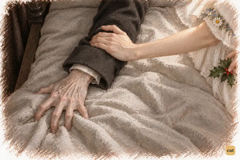 The Spirit's glowing hand gently grasps the sleeve of Scrooge's dressing-gown