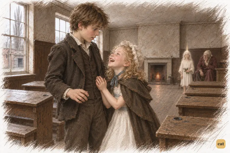Little Fan bursts into the grey, crumbling schoolroom.
