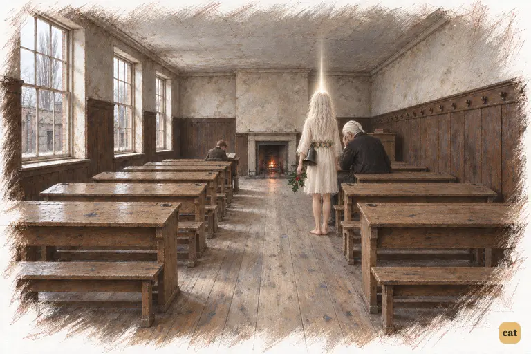 The Ghost brings Scrooge into the long, bare schoolroom of his boyhood.