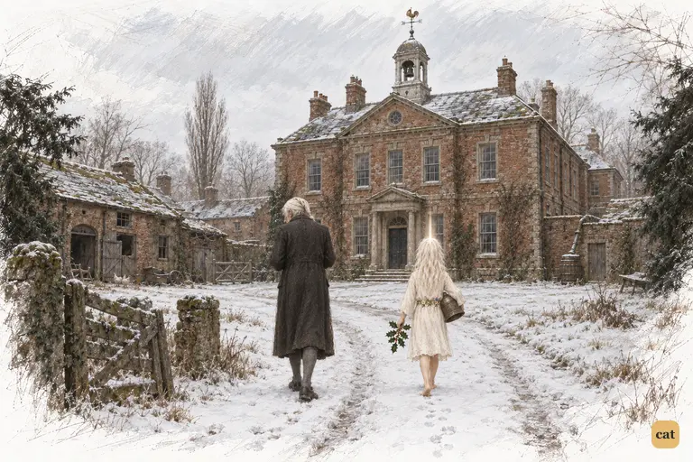 Scrooge and the Ghost of Christmas Past walk up a snowy lane toward the red brick school