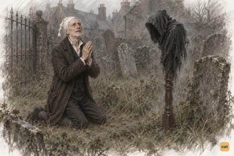 In the grey churchyard, Scrooge kneels with his hands clasped in a last prayer.