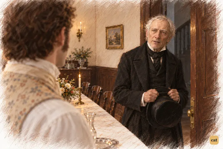 Scrooge stands in Fred's dining-room doorway, hat in hand, humbly asking to come in