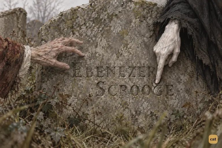 Scrooge reads his own name, EBENEZER SCROOGE, on a neglected gravestone