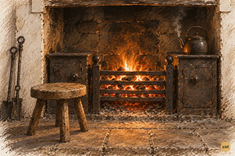 Tiny Tim's little three-legged stool stands empty on the swept hearthstone beside a low fire.