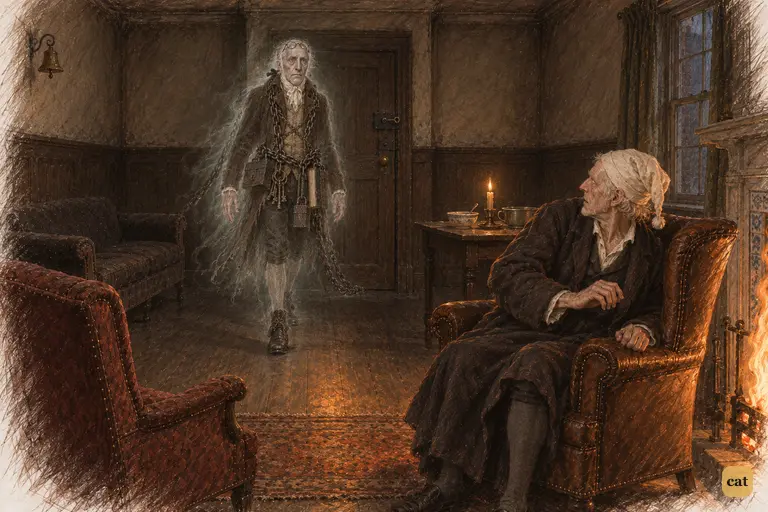 Marley's Ghost walks through Scrooge's locked oak door, dragging his chain of cash-boxes