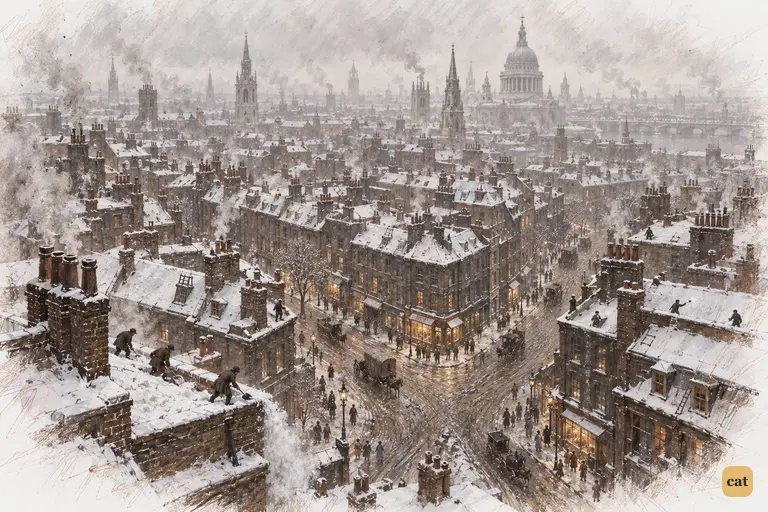 Christmas morning spreads out below: a grey, soot-hazed London under snow.