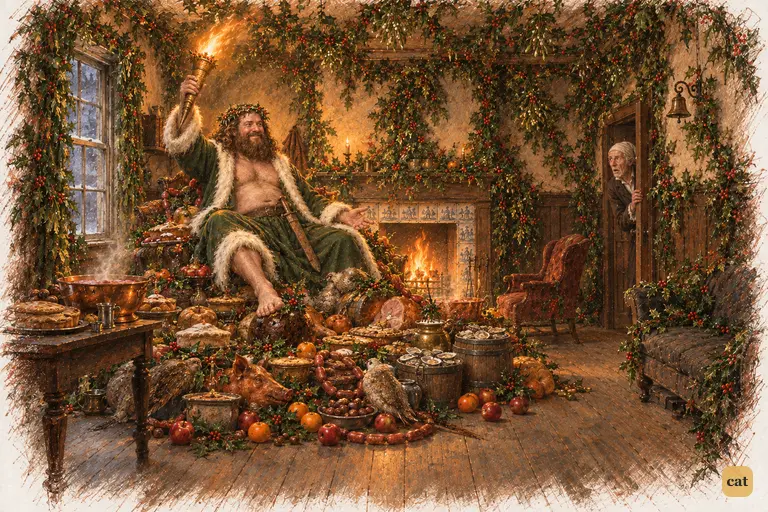 Scrooge peeps round his bedroom door into his own sitting-room, now a blazing green grove.