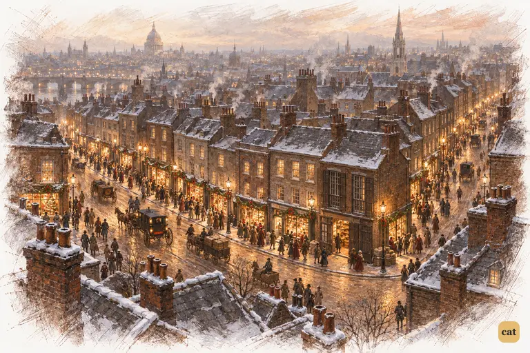 The lamplit city at Christmas dusk, with crowds, glowing shop windows and jammed coaches