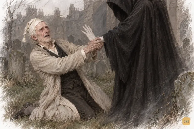 Scrooge kneels in the rank grass of the churchyard and clings to the Phantom's pale hand, begging.