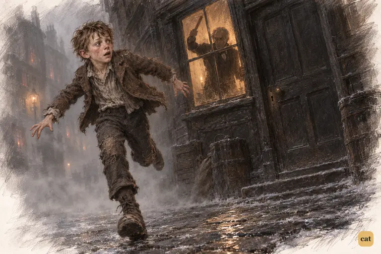 Scrooge snatches up his ruler behind the grimy window.