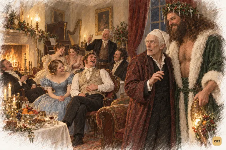 Scrooge finds himself in his nephew's firelit sitting-room beside the smiling Spirit