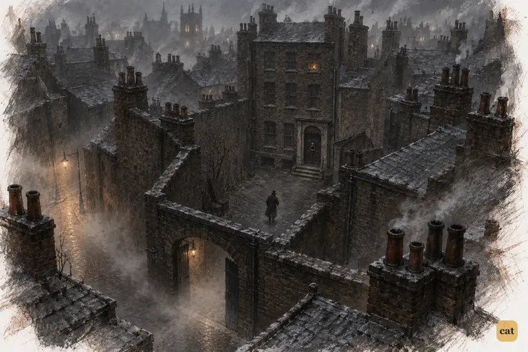 Scrooge's gloomy old house sits at the end of a dark yard on a freezing Christmas Eve