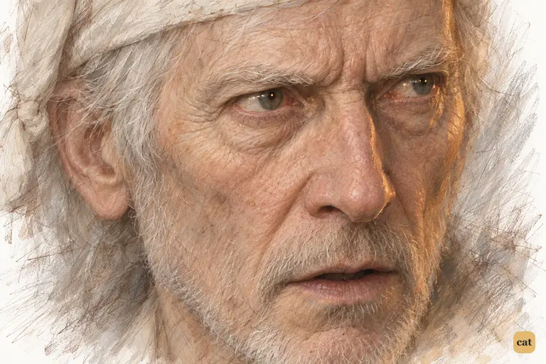 In close-up, Scrooge narrows his reddened eyes and looks straight at the Spirit
