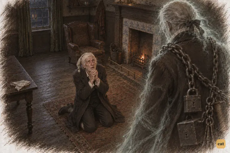 Scrooge kneels on the hearth rug with clasped hands, begging the Ghost for mercy