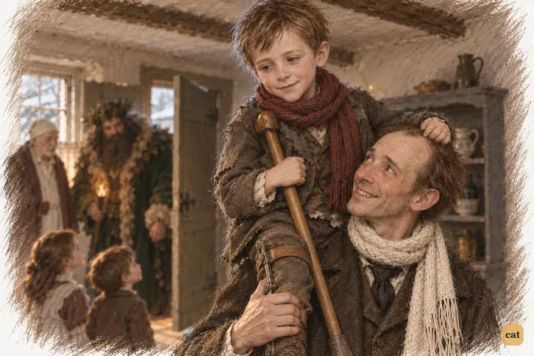 Tiny Tim rides into the warm room on his father's shoulder.