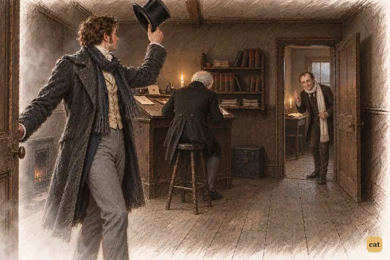 Fred and Bob Cratchit exchange season's greetings across the cold counting-house