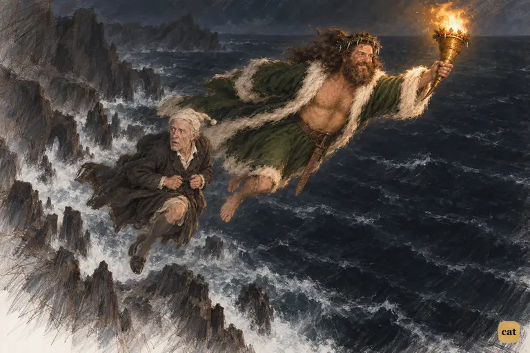 Scrooge clings to the hem of the Spirit's green robe as they fly off the last rocks