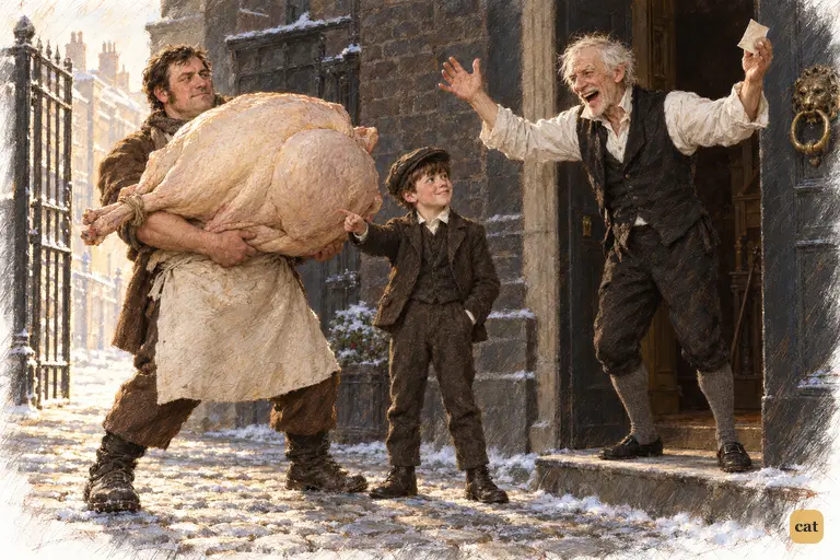 The prize turkey reaches Scrooge's door in the bright frost.