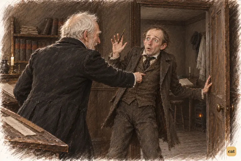 Scrooge leaps off his stool and jabs Bob Cratchit in the waistcoat