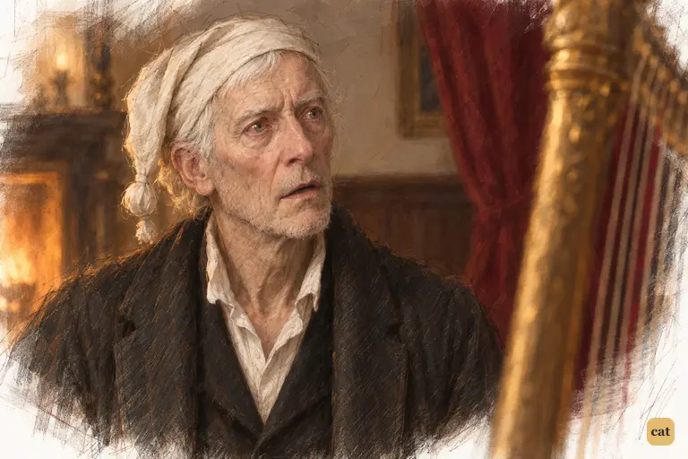 Unseen by the harp, Scrooge softens as his niece plays the little air Fan once knew