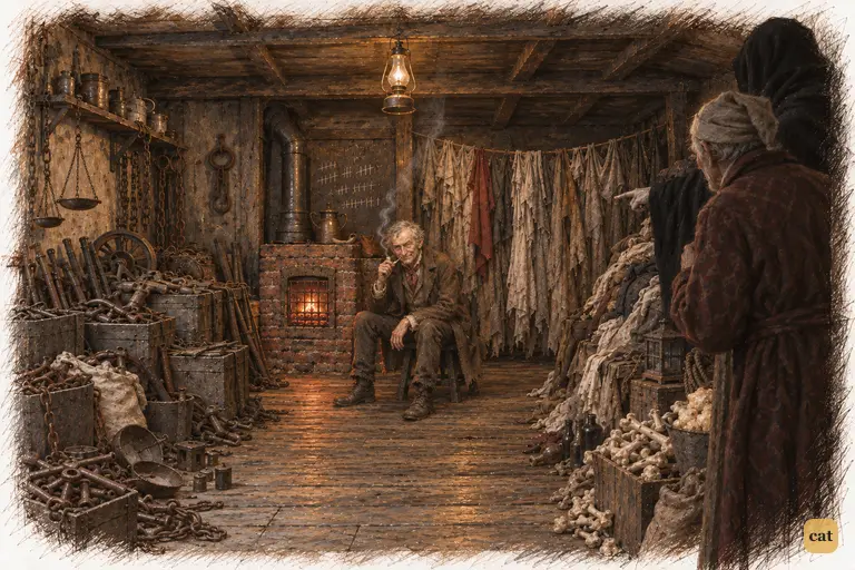 Old Joe smokes his pipe by his charcoal stove among heaps of rusty iron and rags