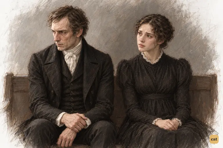 Young Scrooge, now in his prime, sits on a plain settle beside Belle in her mourning dress.
