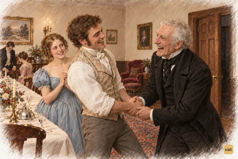 Fred pumps his uncle's hand and pulls him into the lamplit dining-room