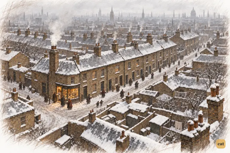 Quiet chimney smoke rises over the poor, snowy suburb where Scrooge's clerk lives