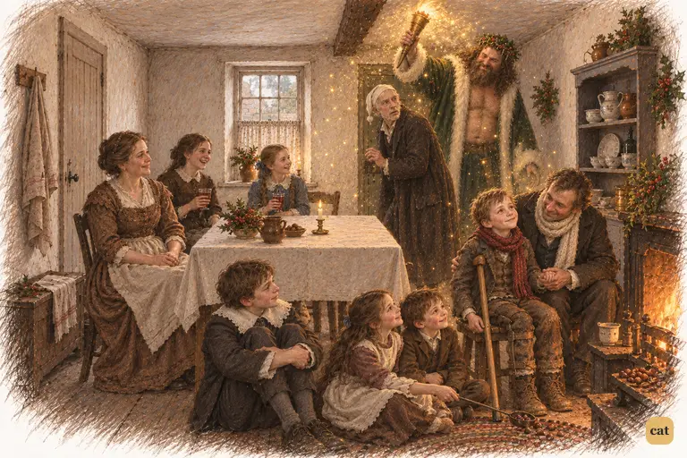 The Spirit shakes his torch, and the Cratchits fade happily in a shower of golden drops