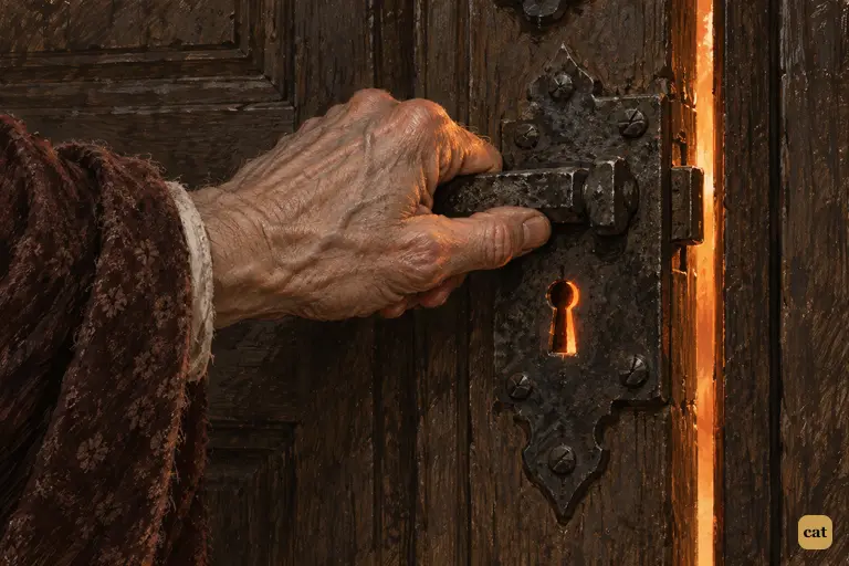 At one o'clock, Scrooge's hand freezes on the lock as a strange voice calls his name