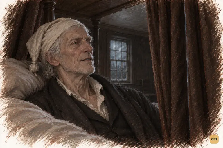 Scrooge lies propped on his bolster in the dark curtained bed.