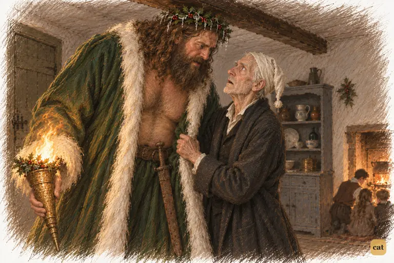 The Ghost of Christmas Present bends under the low beam and throws Scrooge's own words back at him.