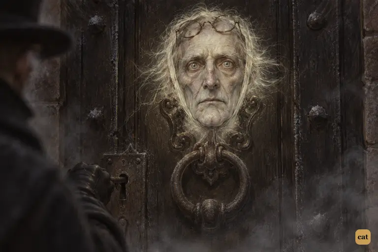 With Scrooge's key in the lock, the knocker becomes Marley's dimly glowing face