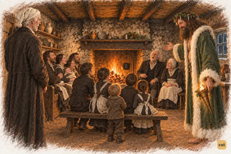Scrooge and the Spirit step through a mud-and-stone wall into a miner's hut on the dark moor.
