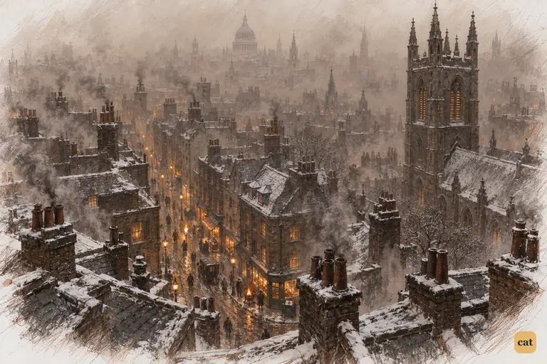 The old City of London lies sunk in thick brown fog on a dark Christmas Eve afternoon.