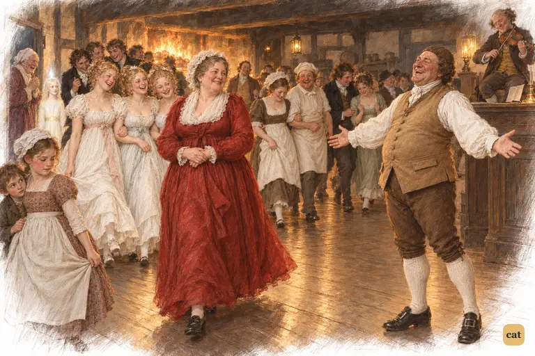 Fezziwig's cleared warehouse fills with guests who come in "anyhow and everyhow".