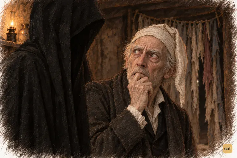 In the rag shop's back parlour, Scrooge looks up with wet eyes at the silent Phantom