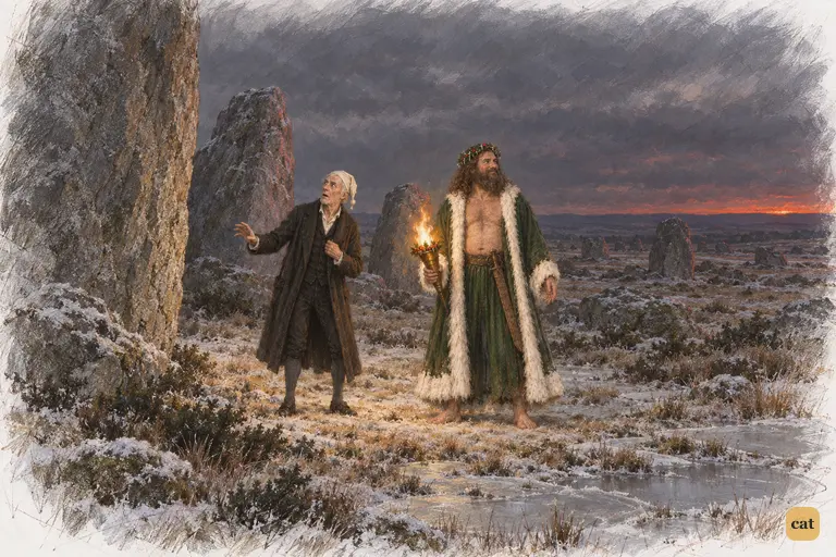 Scrooge and the Spirit stand on a bleak frozen moor among huge tumbled stones