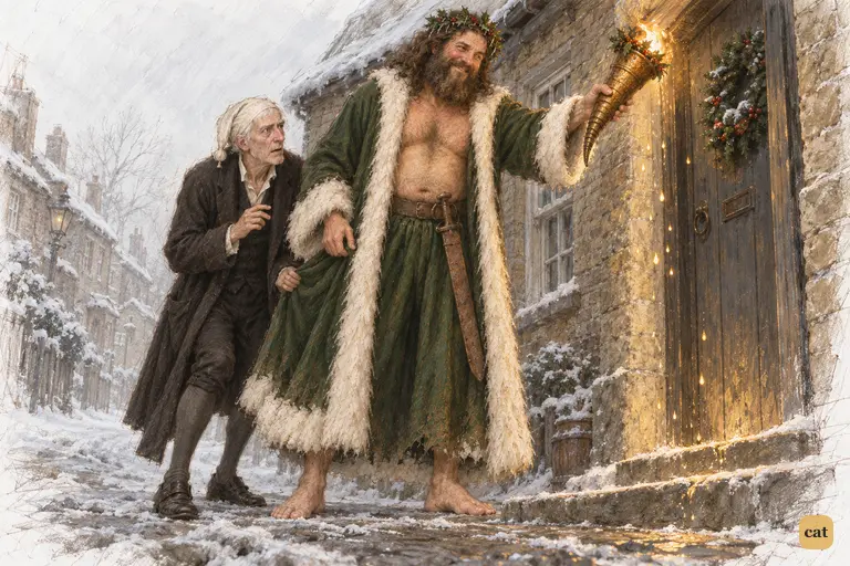 The giant Spirit sprinkles golden drops from his torch over Bob Cratchit's door