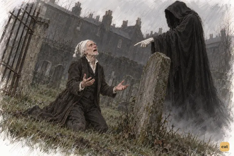 Scrooge kneels in the grey, tilted churchyard beside his own neglected grave and cries out.