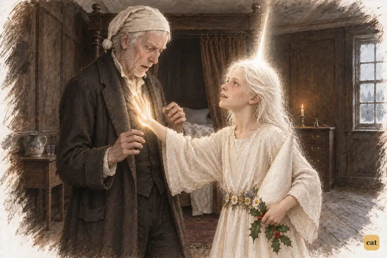 The Ghost of Christmas Past touches Scrooge's heart, and his fear begins to turn to awe