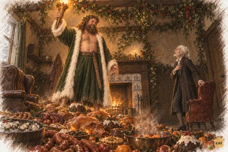 The Ghost of Christmas Present rises on his throne and holds his torch to the holly