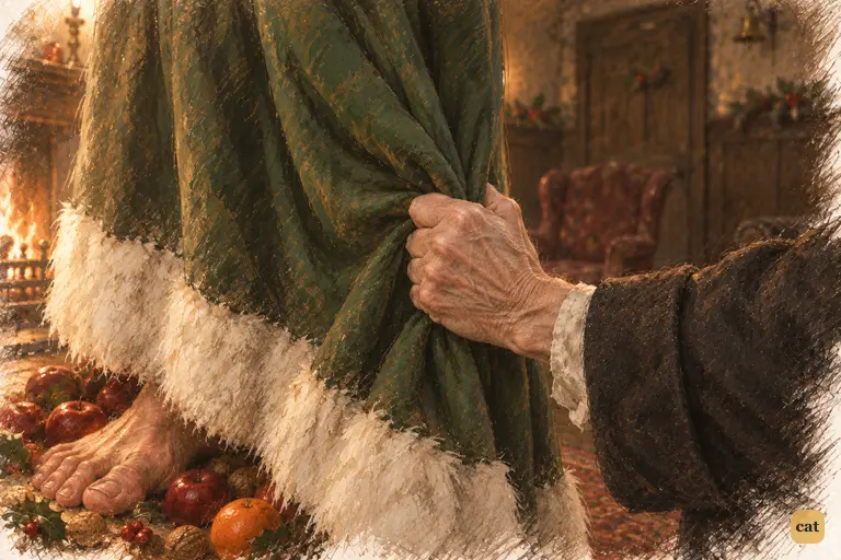 Scrooge's thin hand grips the green, fur-trimmed robe of the Ghost of Christmas Present