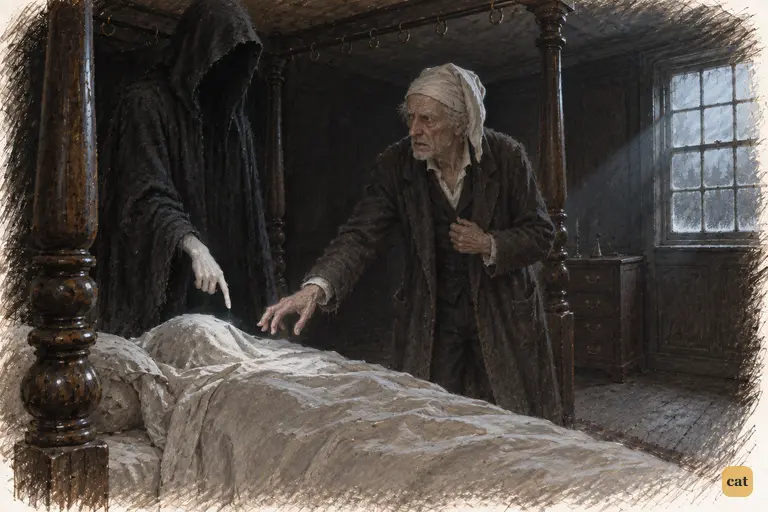 In the stripped bedroom, the silent Phantom points at the covered head of the dead man